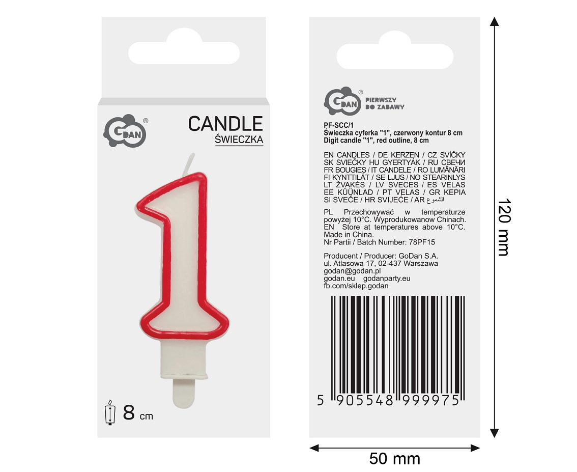 Digit candle "1", red outline, 8 cm